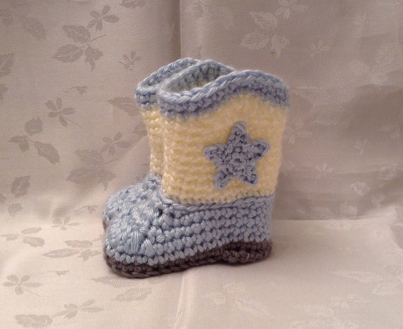 Ready to Ship Blue and Off White Crochet baby cowboy booties 0 to 3 month boots Infant Booties