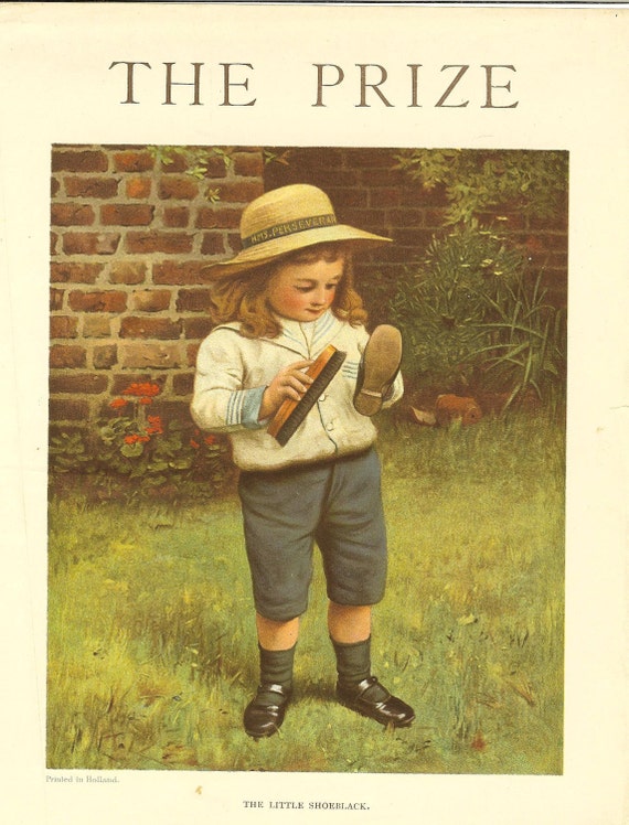 1910 Antique Chidren's Print  Young Boy Sailor Suit Polishing Shoes Cleaning Shoes Shoe Brush In Garden Book Plate Book Illustration