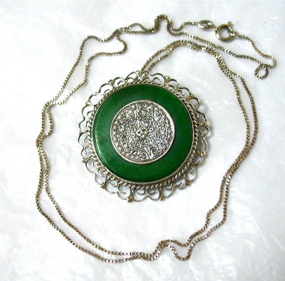 Sterling Aztec Calendar Jade Necklace Brooch Mayan