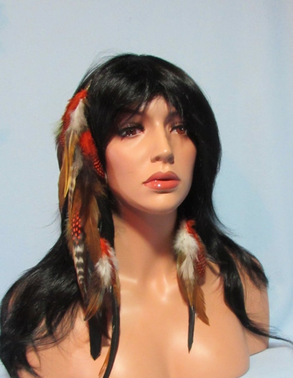 Feather Hair Extension Earring Brown Black Orange Turquoise