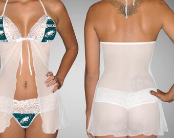 Handmade with NFL Philadelphia Eagles fabric Sexy lingerie scalloped lace accent teddy baby doll dress with matching G string set