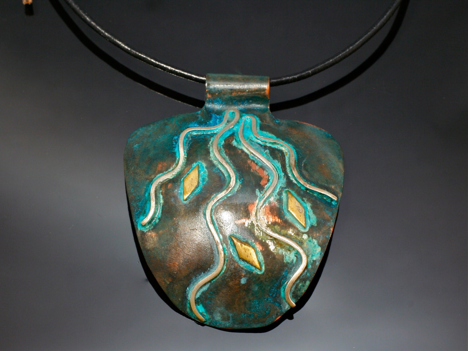 Oxidized Copper Silver Brass Pendant Blue Patina Natural