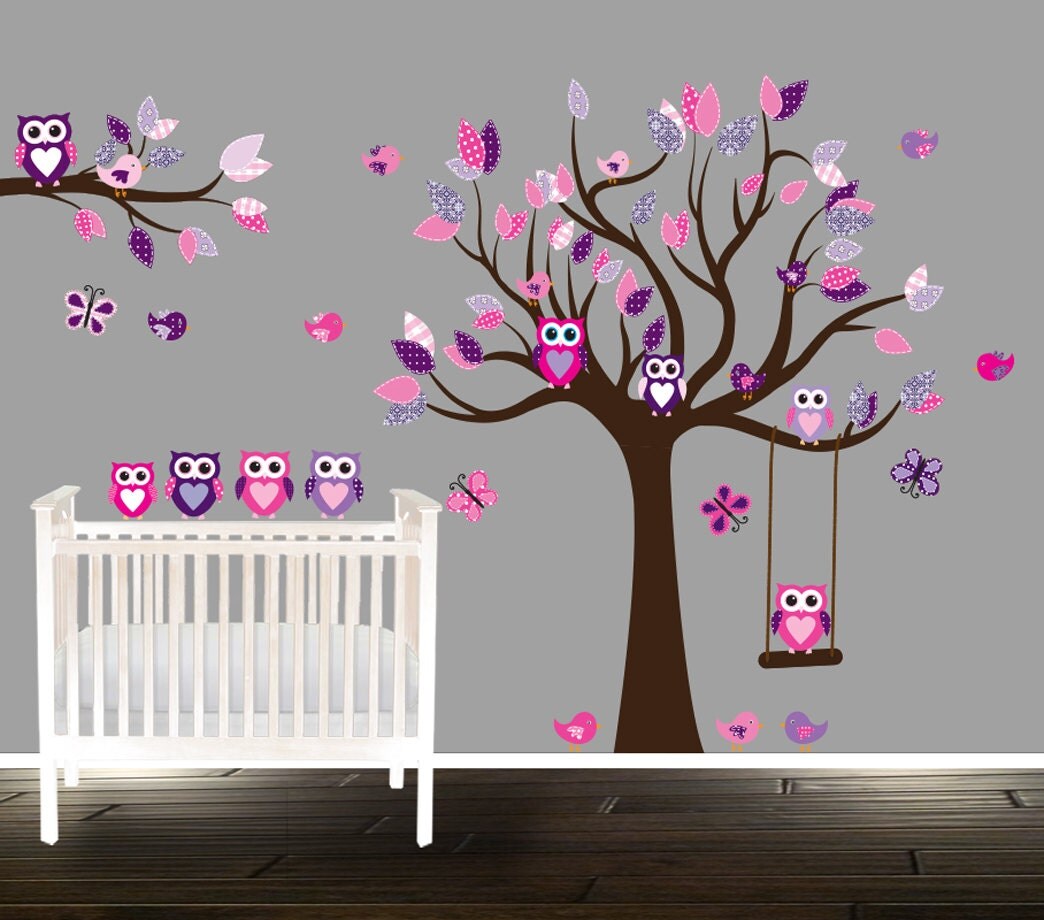 Pink Wall Decals floral pink and purple owl wall decal nursery tree decals for Pink Wall Decals floral pink and purple owl wall decal nursery tree decals for