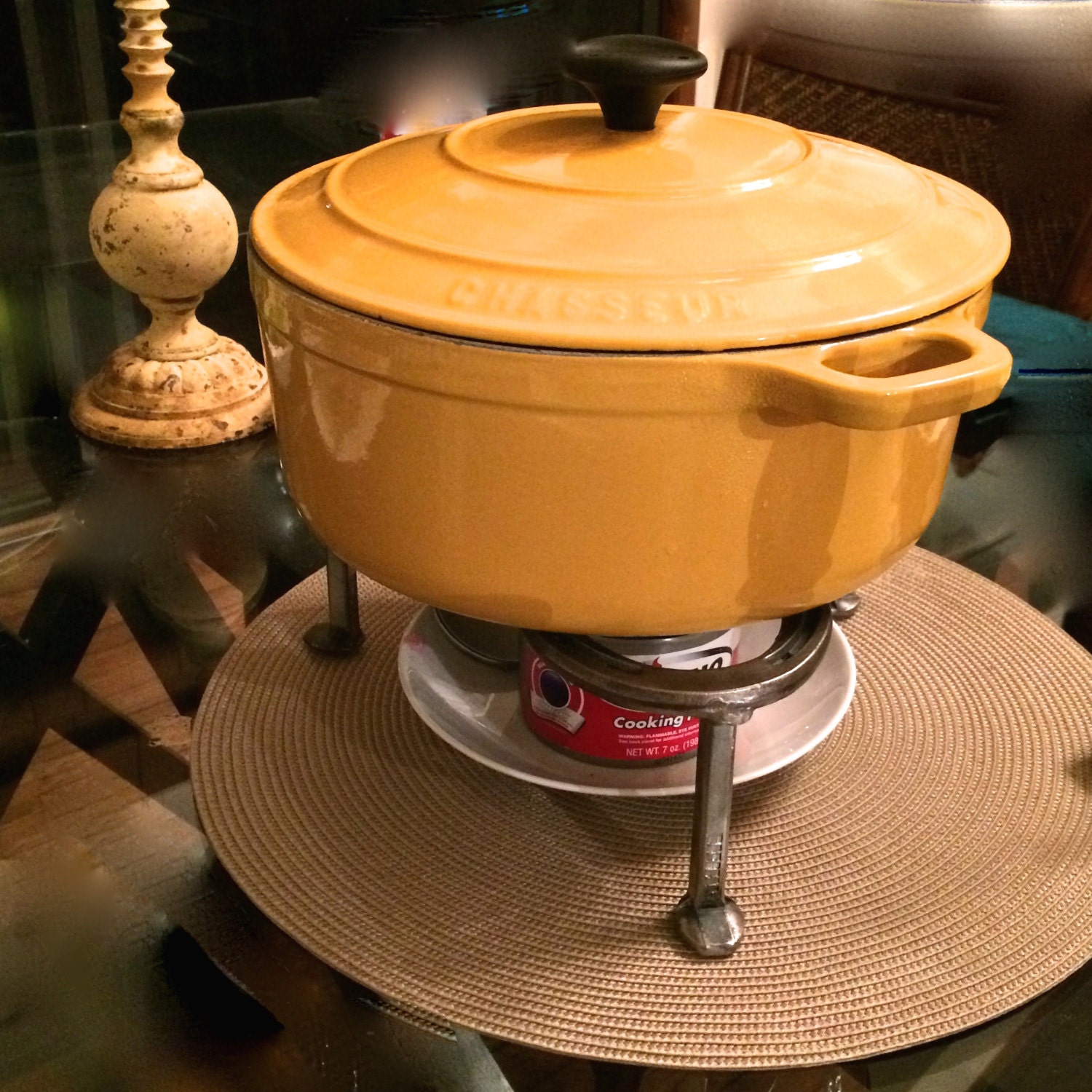 Cast iron pot stand great as fondue stand for sauces chili