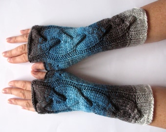 Fingerless Gloves Gray Black White Blue Arm Warmers Knit Soft