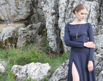 Navy blue maxi dress with slit