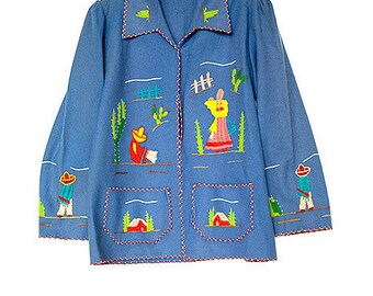 1940’s Mexican souvenir jacket blue with colorful appliqué hand written note from original owner excellent condition size M