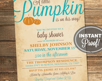 Pumpkin Baby Shower Invitation, Fall, Neutral, Baby Boy, Autumn Shower, Leaves, Blue, Orange, Printable (Custom Order, INSTANT DOWNLOAD)