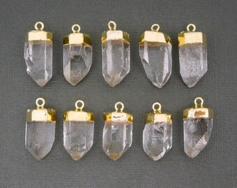 5pcs Petite Crystal Quartz Point Pendant-- Crystal Quartz Charms Pendants with Electroplated 24k Gold caps- BulK loT oF 5 -(S35B8-06)