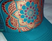 Jade trucker with hand painted mandala, goldy/deep red