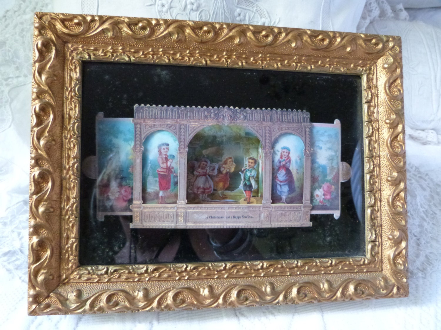 Antique Victorian shadow box w 3D paper art frame w Christmas