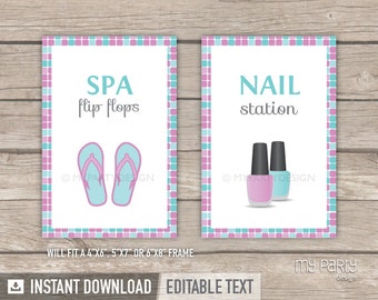 Spa Party - Printable Signs - Pink Turquoise - INSTANT DOWNLOAD - Printable PDF with Editable Text
