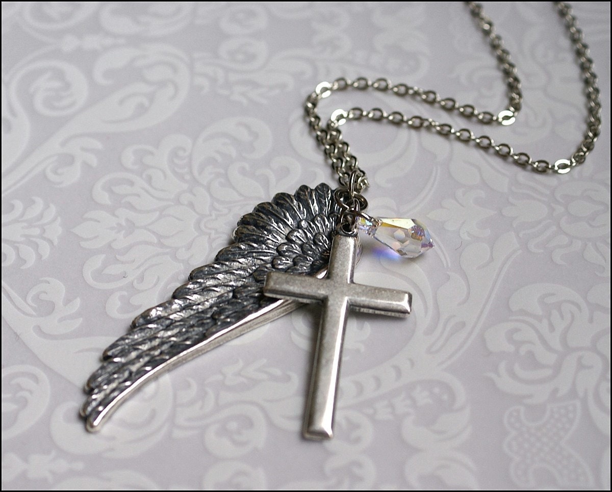 Wing Cross Necklace ANGEL Wing Jewelry Silver Necklace w/