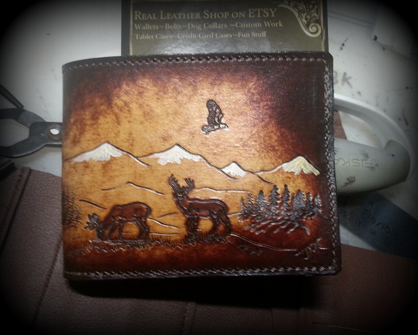 Hand made, Leather Wallet, 2 Buck Deer Wallet,long lasting Men's Brown