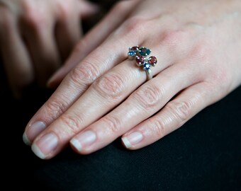 Blue Sapphire Engagement Ring - Sapphire Cluster Ring - Sapphire Engagement Ring with Blue Topaz and Pink Tourmalines - Made to Order