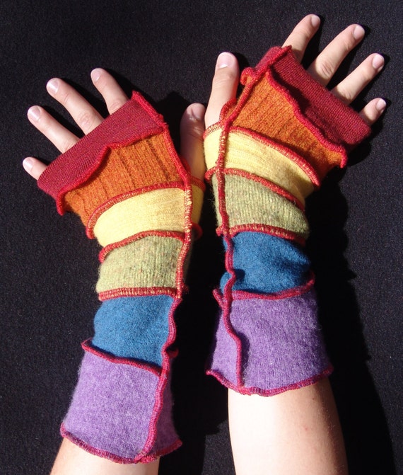 Arm Warmers Rainbow Red Seamed Felted by TimberTikiTraditions