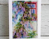 Red Window with Blooming Wisteria Photo Greeting Card with Painterly Effect, White Blank All Occasion Notecard, Fine Art Photography