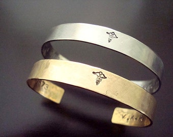Personalized Cuff Bracelet - Mens - Unisex - Brushed Steel - Brushed Metal - Masculine - Nugold - Handstamped - Secret Message - Medical ID