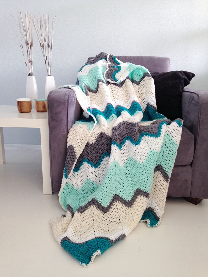 Chevron blanket Teal & mint crochet afghan throw made