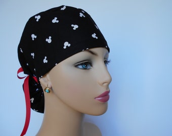 Ponytail Medical Scrub Cap - OR Surgical Cap -Mickey Mousse Head Silohuettes - Black - 100% cotton