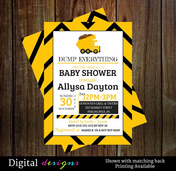 Construction baby shower invite -- boys dump truck party invitations yellow and black modern digital file (NO.214S) Il_570xn