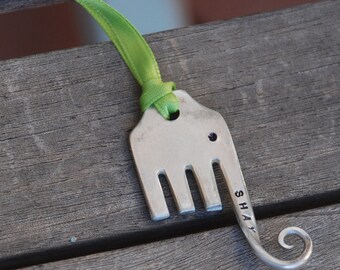 ELEPHANT Ornament hand stamped Personalized on trunk Vintage FORK Recycle art