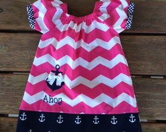 Pink Peasant Dress, Nautical Peasant dress, Pink Nautical Dress