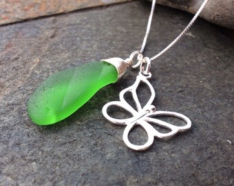 Sea glass jewelry, Wire wrapped green sea glass and butterfly necklace