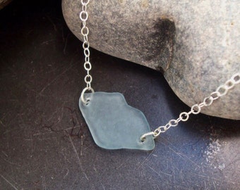 Sea glass jewelry, Blue sea glass "Kiss" on sterling silver chain