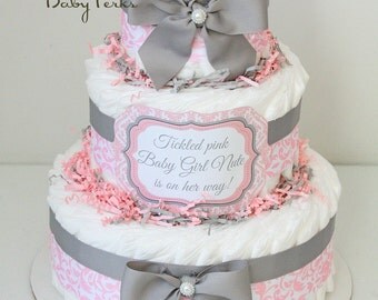Baby Girl Damask Pink & gray Diaper Cake , Baby Shower Centerpiece decoration ,Elegant princess , new mom baby shower gift , pink silver