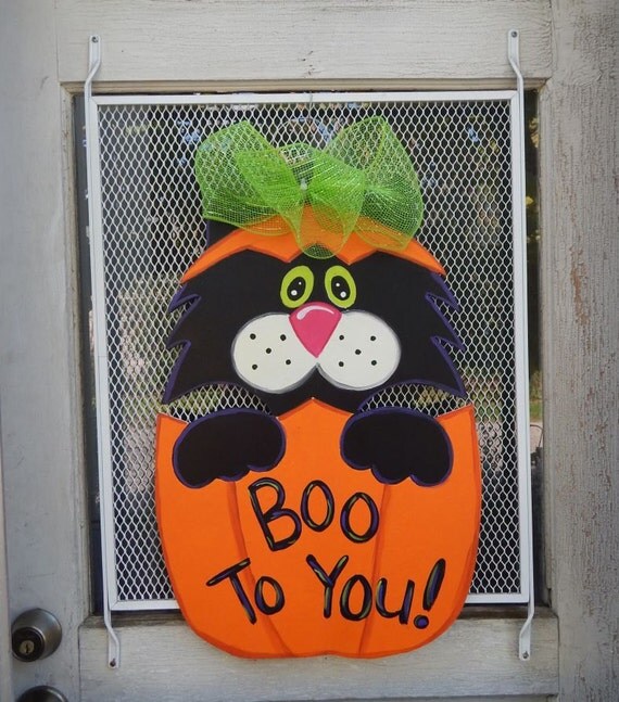 Items similar to Black Cat Door Hanger, Halloween Door Hanger, Fall