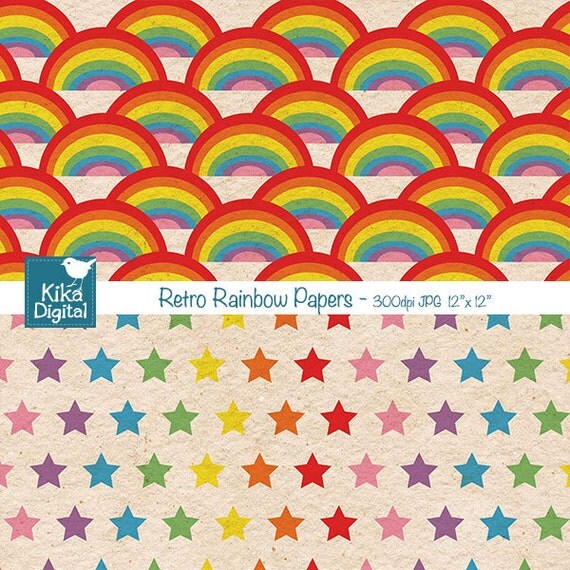 Retro Rainbow Digital Papers - Rainbow Scrapbooking Papers - card ...