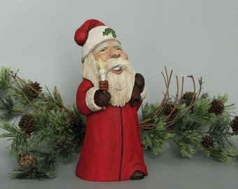Hand Carved Santa Claus Wood Carving Collectible Holiday Decoration Wood Sculpture Christmas Gift One of a Kind Wood Carved Figurine