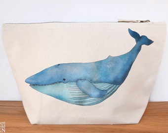 Blue Whale Canvas Wash Bag, Large Zipper Pouch, Makeup Bag, Toiletry Bag, Accessory Bag