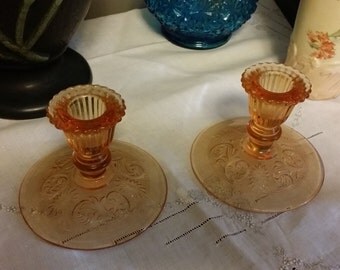 Vintage Amber Glass Candlestick Holders - Set of Two