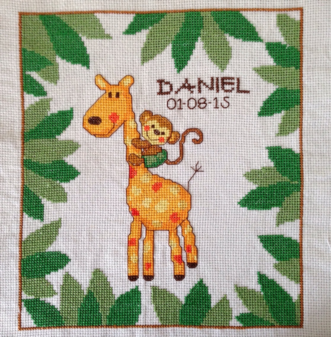 Jungle theme baby birth announcement cross stitch sampler