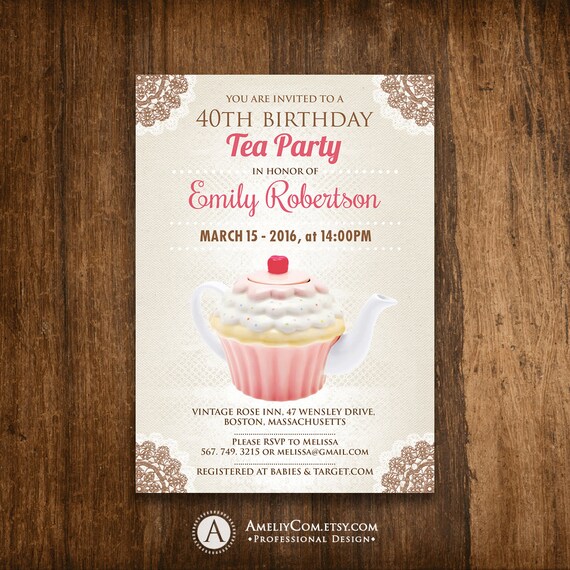 Birthday Tea Party Invitation Girl Adult Birthday by AmeliyCom