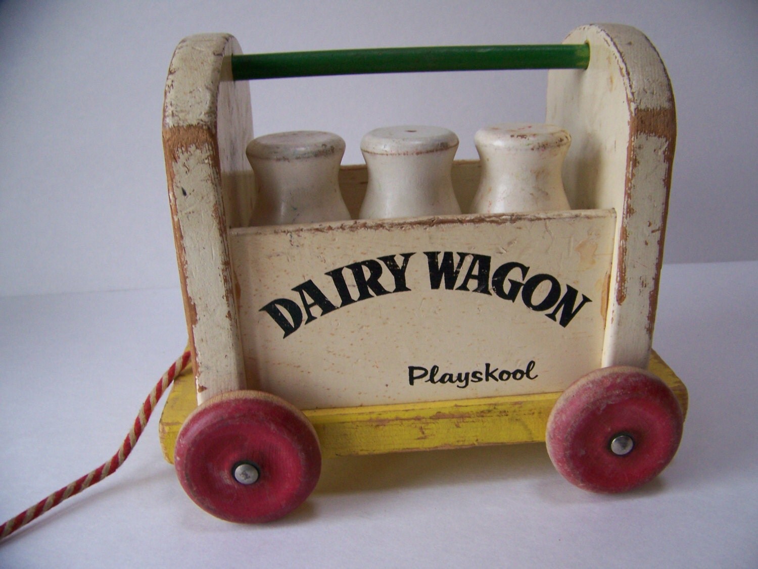 Vintage Playskool Dairy Wagon Wooden Pull Toy. Antique Wooden