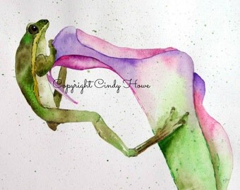 Digital art, digital download, frog, flower, frog art, frog on flower, green frog, calla lily