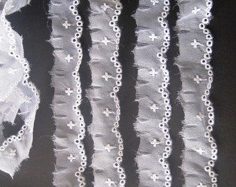 Embroidered Sheer Cross Lace, White, 1 inch wide, 1 yard, For Dolls, Scrapbook, Decor, Apparel, Accessories, Victorian & Romantic Crafts