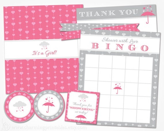 Rain Shower Baby Shower Printables - INSTANT DOWNLOAD Pink and Gray Grey Baby Girl Shower with Love Decorations Party Printable Package Kit Il_570xn