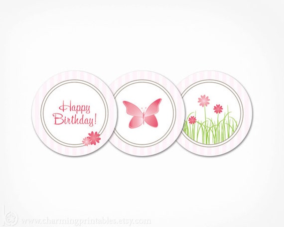 Flower Cupcake Toppers - Pink Girl Butterfly Birthday PRINTABLE Instant Download Party Circles Favor Tags - Garden Party Decorations Il_570xn