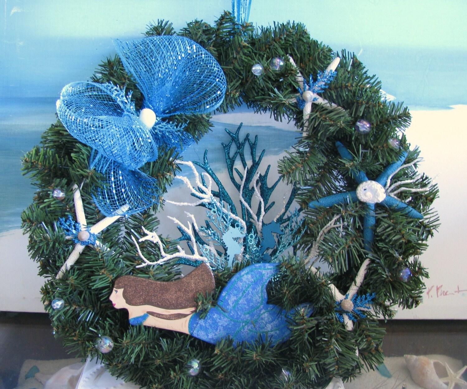 Mermaid Coral Reef Starfish Coastal Christmas Wreath~Seashell Coastal Christmas Wreath