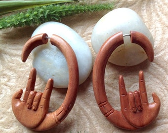 Fake Gauge Earrings, "Devil Horns" Hand Carved, Saba Wood, Naturally Organic