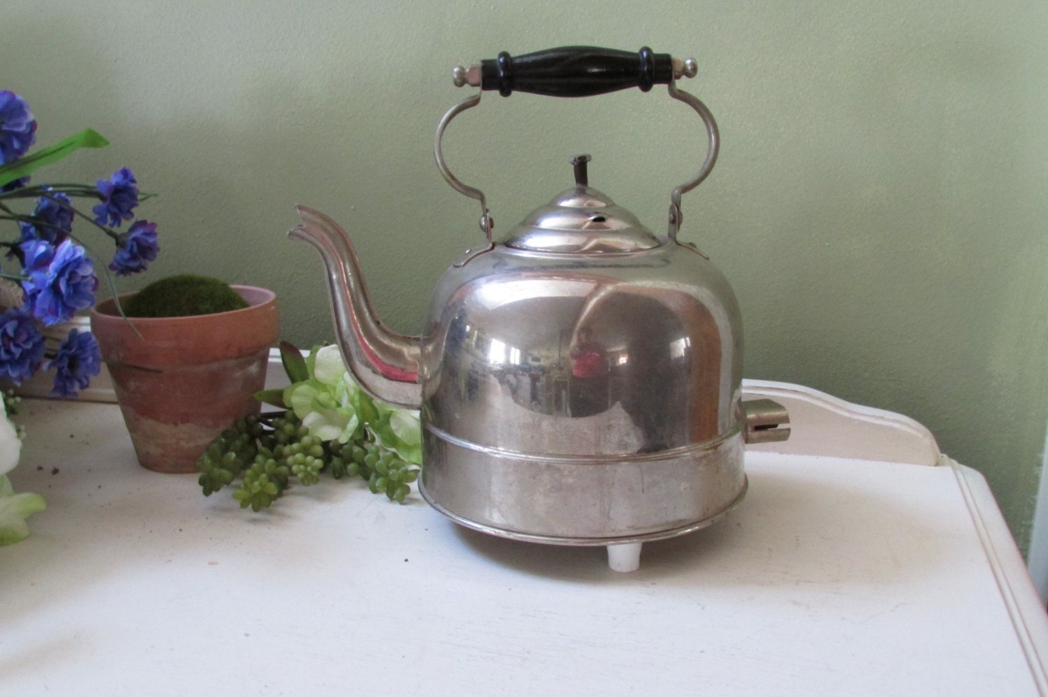 Vintage Chrome Tea Pot Kettle Planter Flowers & herbs