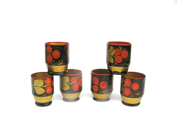 unused cups  cup  vintage colorful Soviet set cups  home wooden wooden vintage Khokhloma