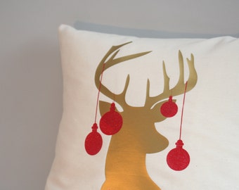 Holiday pillow cover, christmas pillow, antler deer pillow, christmas pillows, 16x16, 18x18, 20x20, 24x24, gold pillow