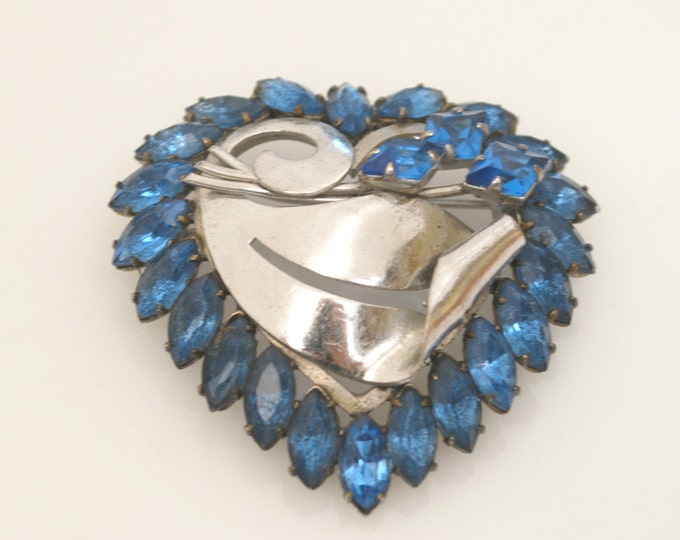 Rhinestone Heart Brooch Blue and silver mid century pin