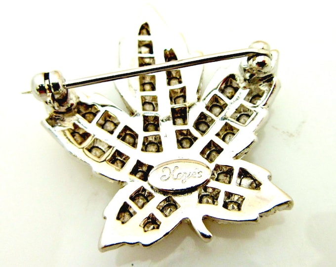 Maple Leaf Brooch - Rhinestone - signed Keyes - silver tone metal - leaf pin