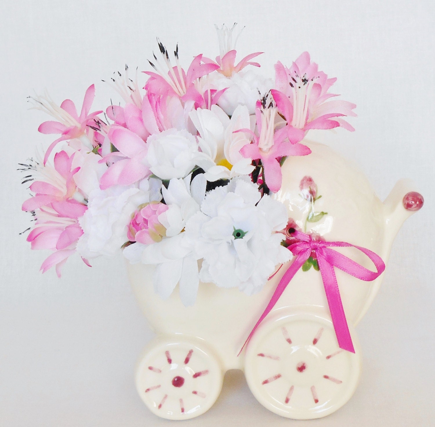 New Baby Girl Silk Floral Arrangement Pink And White Daisies